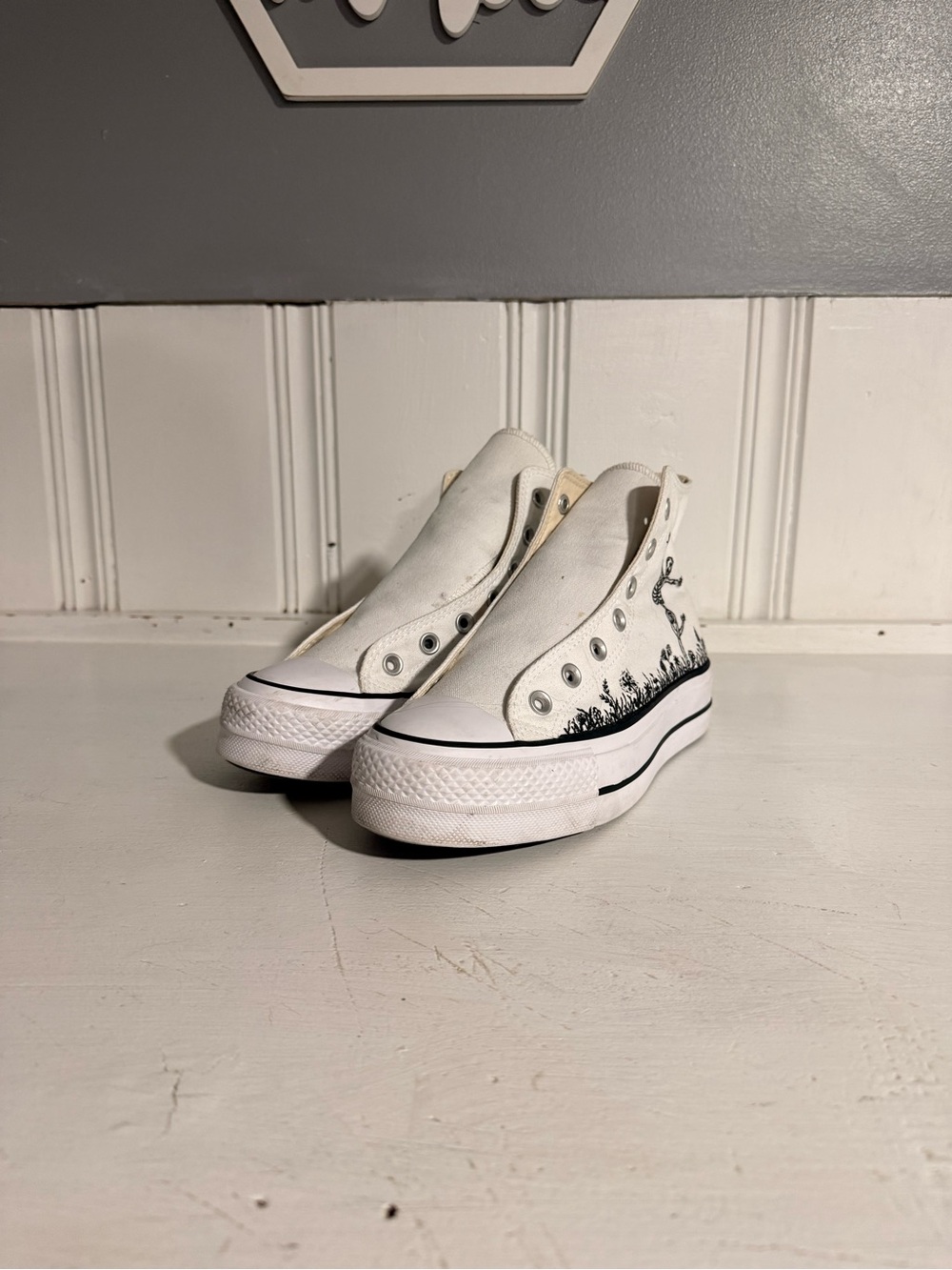 White Platform Canvas Slip-On Sneakers with Black Floral Trim